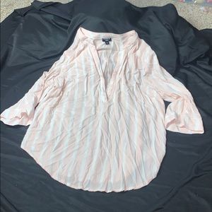 Quarter Sleeve V Neck Button Up Blouse